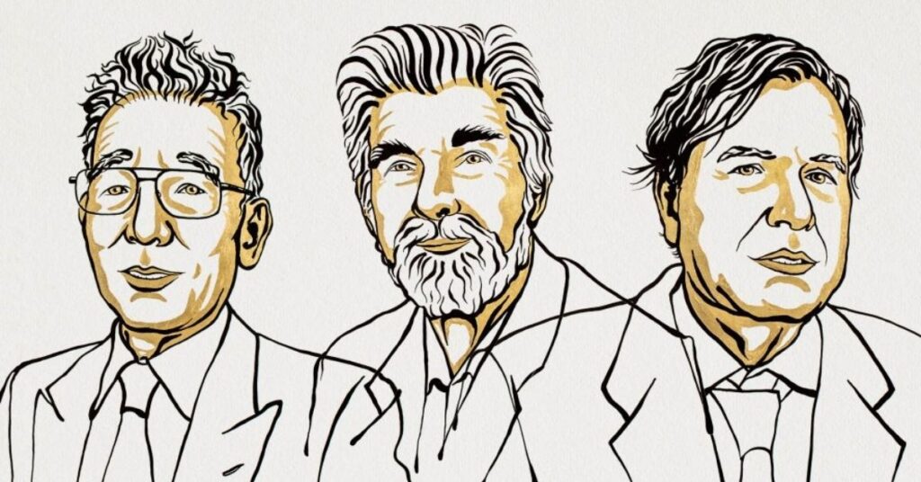 Syukuro Manabe, Klaus Hasselmann y Giorgio Parisi. Ilustración: Premio Nobel de física WORTEV