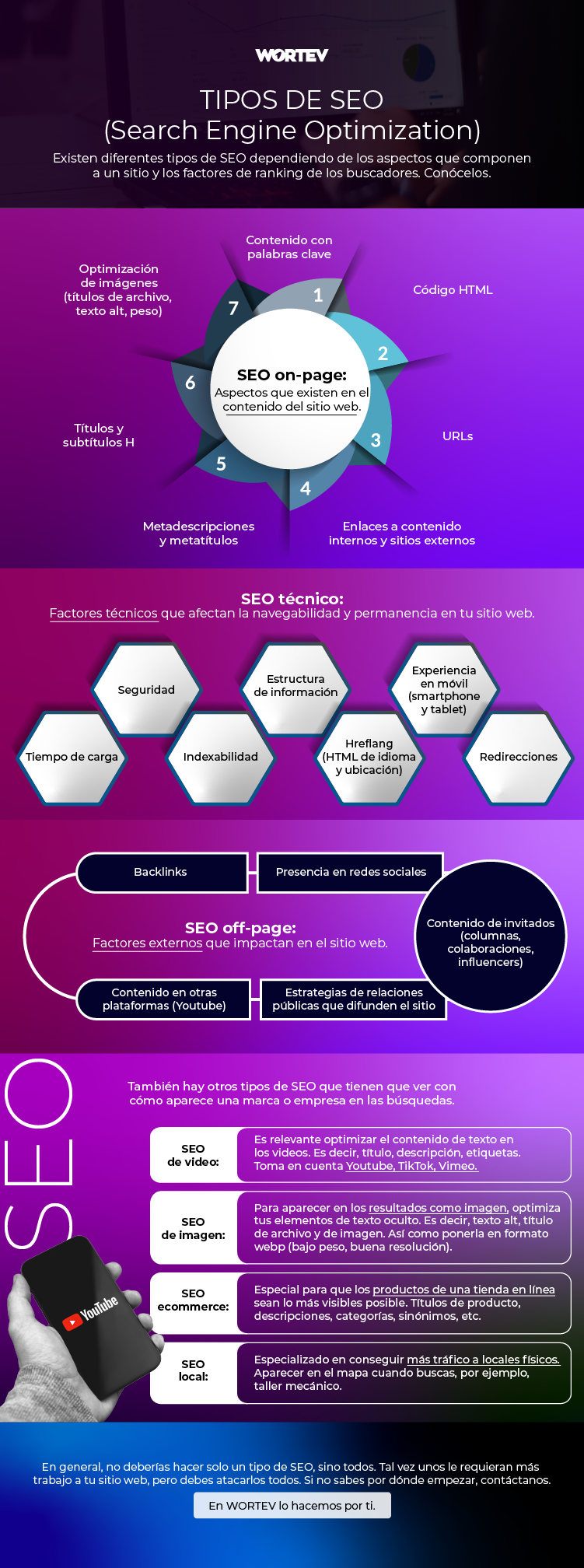 Infografía de tipos de SEO (on page, técnico, offpage, de video, de imagen, ecommerce, local)